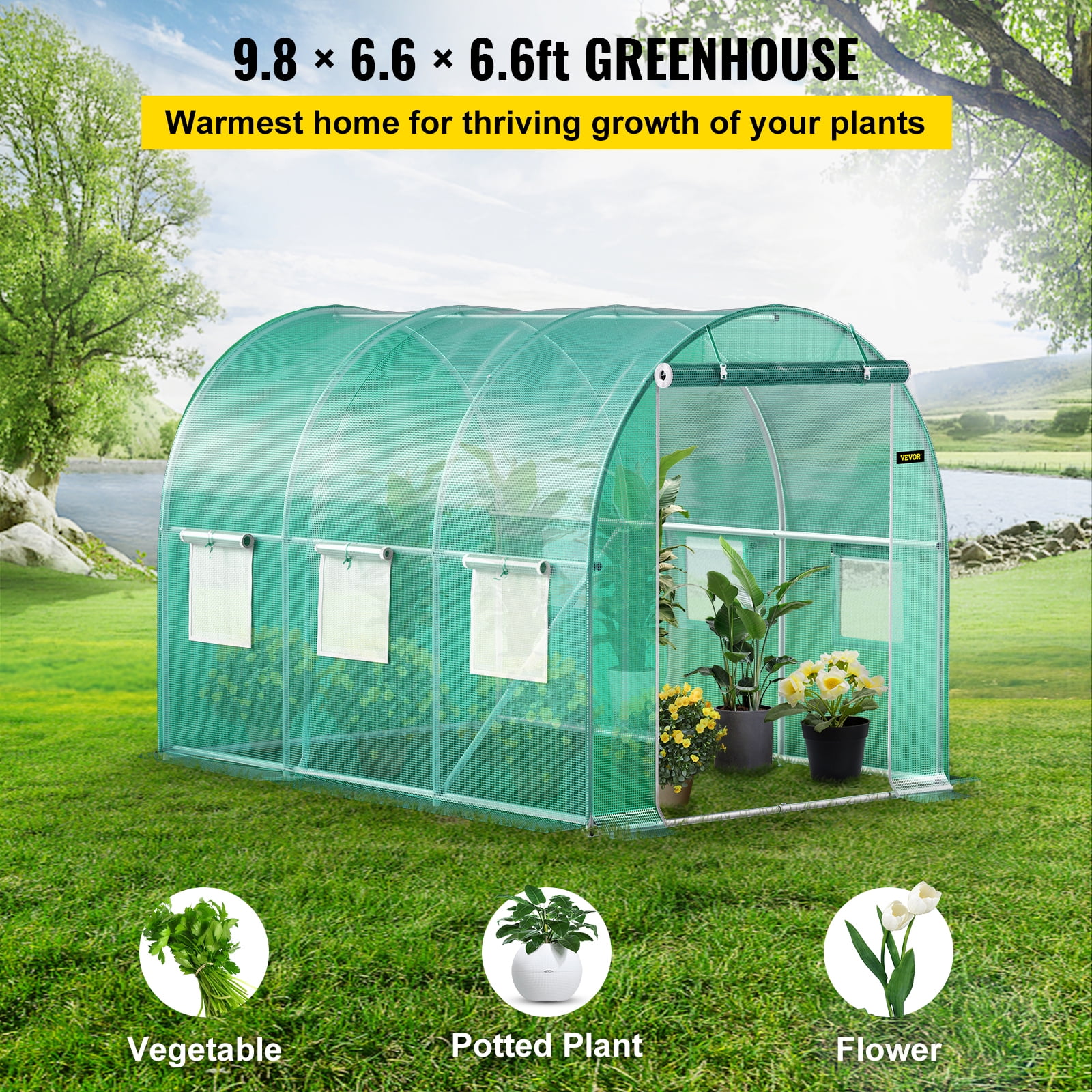 VEVOR Walk-in Tunnel Greenhouse, 9.8 x 6.6 x 6.6 ft Portable Plant Hot House with Galvanized Steel Hoops, 1 Top Beam, Diagonal Poles