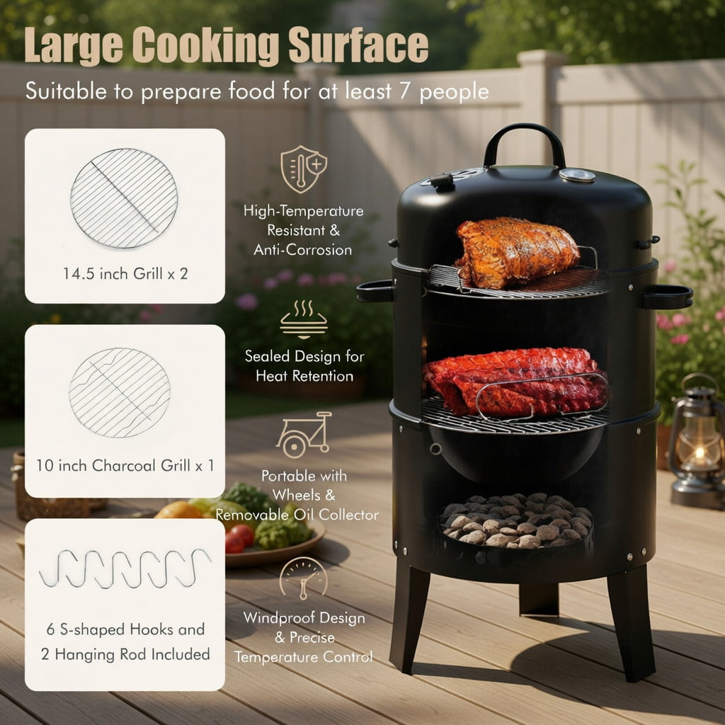 Resenkos Outdoor Patio Barbecue Cooker, Outdoor Grills,3-in-1 Charcoal BBQ Grill Cambo with Built-in Thermometer