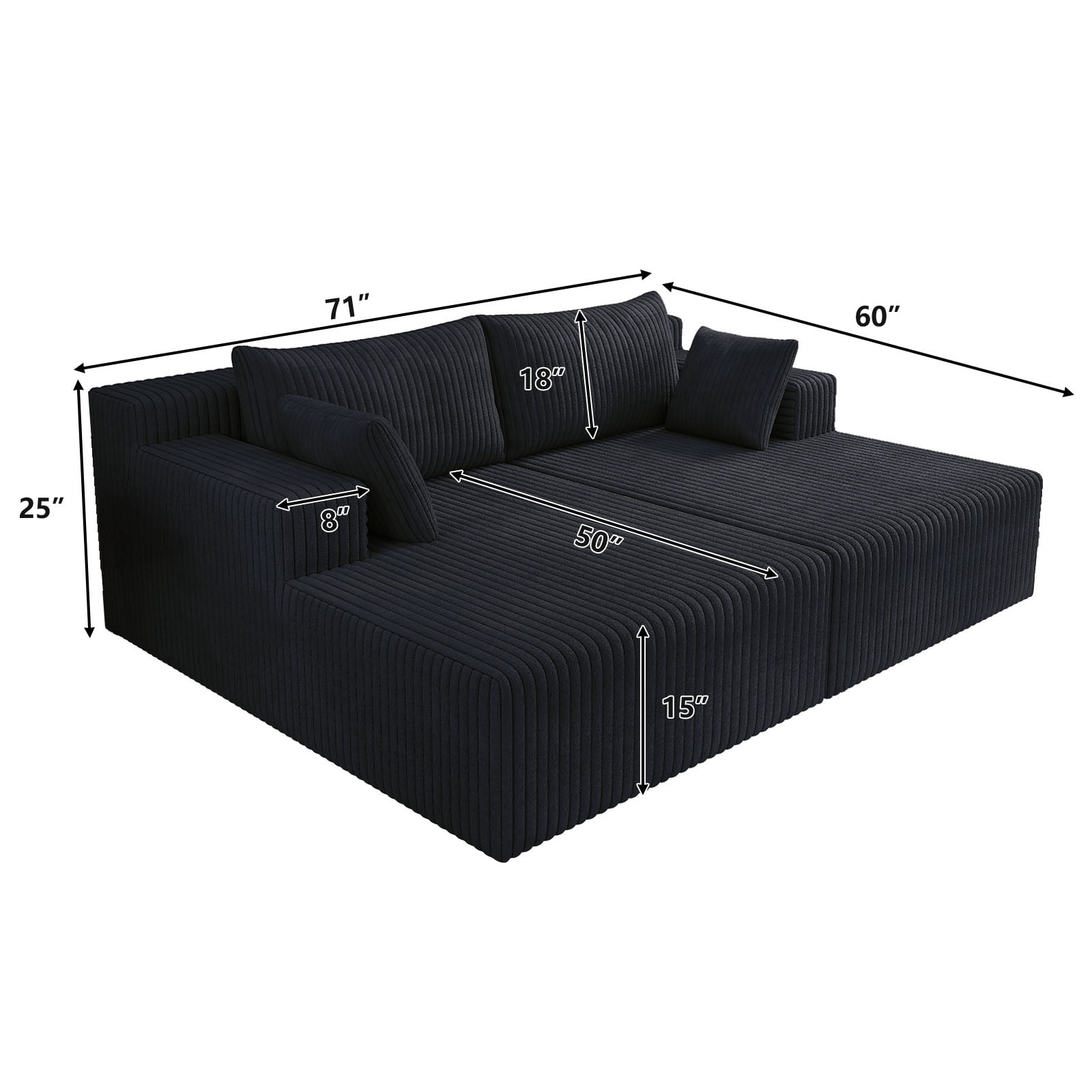 Aukfa 71" Oversized Double Chaise Lounge Indoor, Modular Boneless Cloud Couch Sleeper Loveseat, Deep Seat Corduroy Sofa Bed, No Assembly Required for Living Room Bedroom, Black