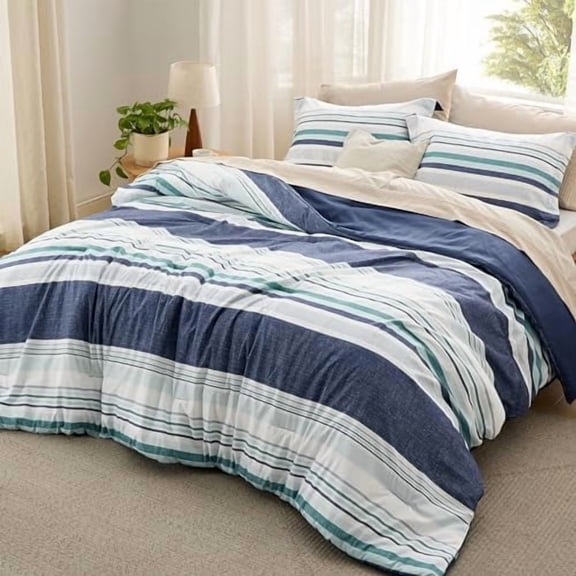 Comforter Set Queen Size - Striped Bedding Comforter Set for Boys, 3 Pieces, 1 Soft Reversible Blue Comforter and 2 Pillow Shams
