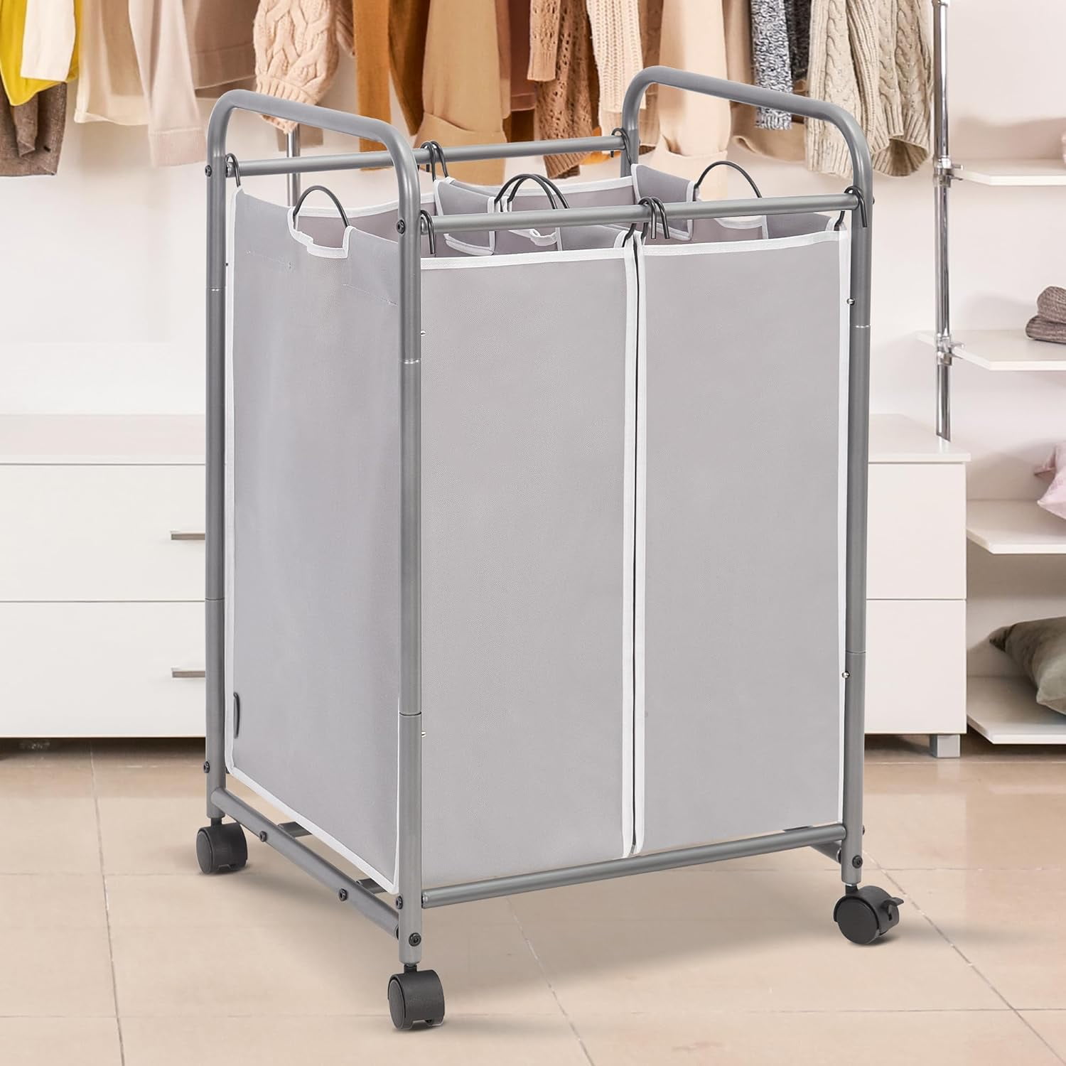 Laundry Sorter 2 Section, 90 L Gal Laundry Hamper with Wheels, Clothes Basket Separator Sorter, 2 Bag Clothes Cart with Wheels and Removable Bags for Closet, Dorm, Collage, Grey