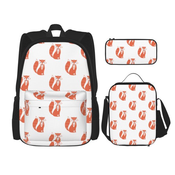 Lsque Orange Fox Pattern School Bag Set -Backpack with Pencil Case and Lunch Bag,3-in-1 School Bag,Kids Backpack Set for Boys and Girls