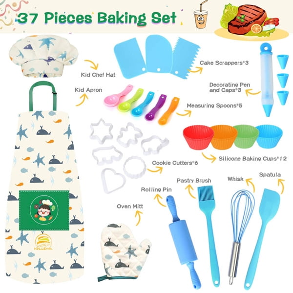 Clearance Kids Cooking and Baking Set,37 Pcs Kids Baking DIY Activity Kit  Includes Kids Chef Hat and Apron, Oven Mitt,Cookie Cutters,Junior Cooking  Set Kids Gift for 6+ Year Old Girls, Boys 