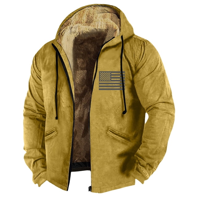 Men's Solid Color Flag Print Jacket Men's Spring And Autumn Casual Trend Zipper Hooded Jacket 3XL