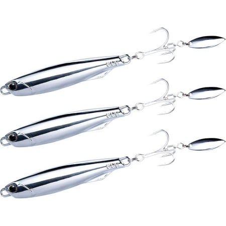 3 Pack Jigging Spoons Metal Casting Jigs Bladed Treble Hooks Saltwater Casting Spoons Surf Fishing Trolling Lures Vertical Diamond Jigs Mackerel Striper Bluefish Lures Willow Blade 3/8oz-3 Pack
