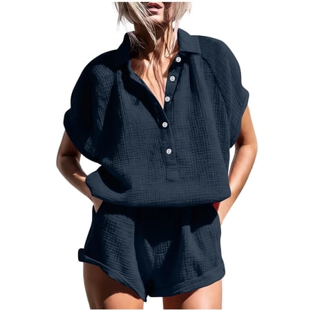 Qiopertar Women s Casual Short Sleeve Shirt and Shorts Set Loose Comfy Home Wear Lounge Pajama Set with Pockets Vintage Round Neck Blouse Top Navy S