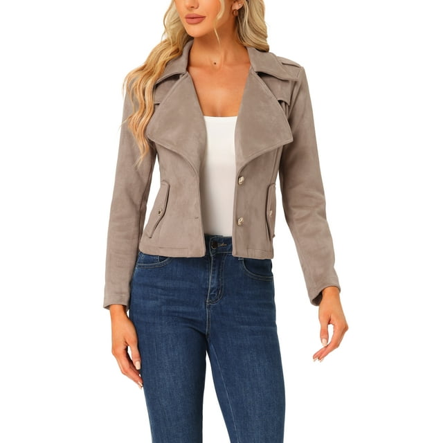Chaquetas de ante sintético para mujer INSPIRE CHIC, con cuello de solapa, chaqueta de moto estilo biker, color marrón claro, talla XS