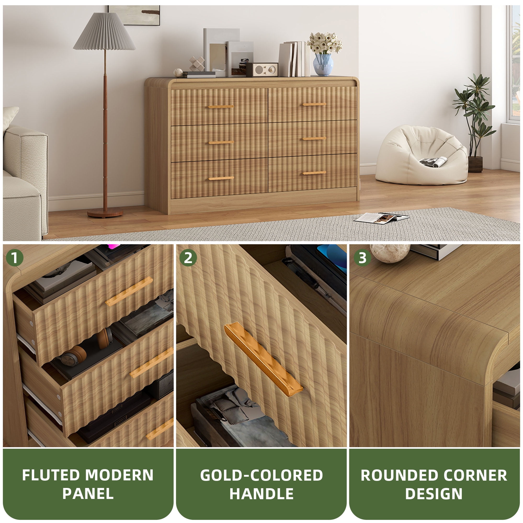 Uforic Chest of Drawers for Living Room, , or Entryway, Sturdy Fluted Dresser with 6 Drawers, Light Oak