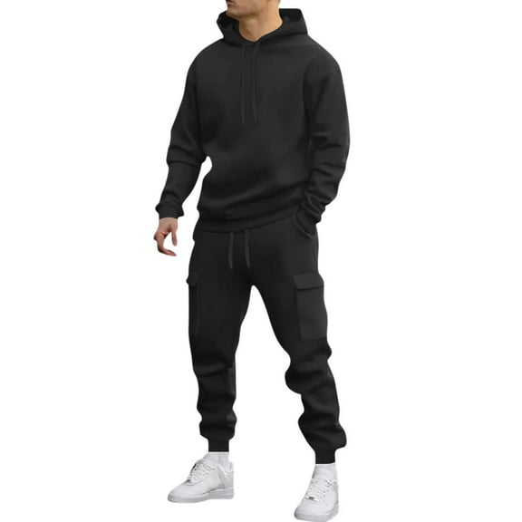 Men's 2PC Sweatsuit Long Sleeve Drawstring Pullover Hoodie Elastic Waist Cuffed Cargo Joggers with Pockets Outfit Set Black S