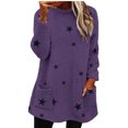 thumbnail image 3 of Women's Mid-Length Star Print Pullover, Double-Sided Fleece Hoodie, Loose Fit Round Neck Sweatshirt, Cozy Plush Long Sleeve Top, Kangaroo Pocket Casual Loungewear Purple S, 3 of 6