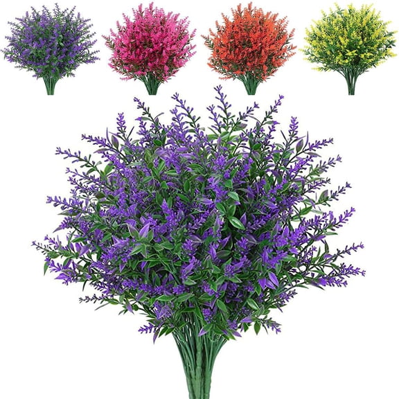 BadPiggies 8 Bundles Artificial Flowers Plastic Lavender UV Resistant No Fade Hanging Plants for Garden Porch Window Indoor Outdoor (Purple)