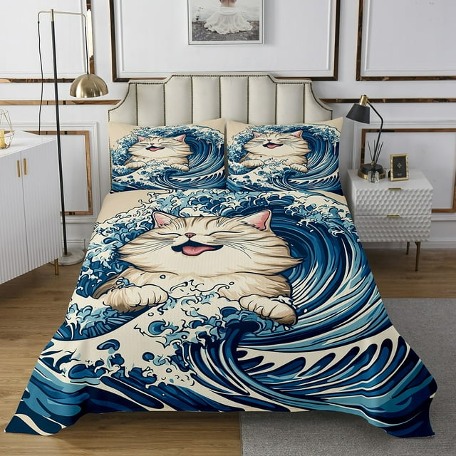 Cat Bedspread Set Twin Japanese Style Coverlet Set For Kids Boys Girls Teens,Ocean Wave Quilt Set Cartoon Animals Bedding Set Yellow Blue