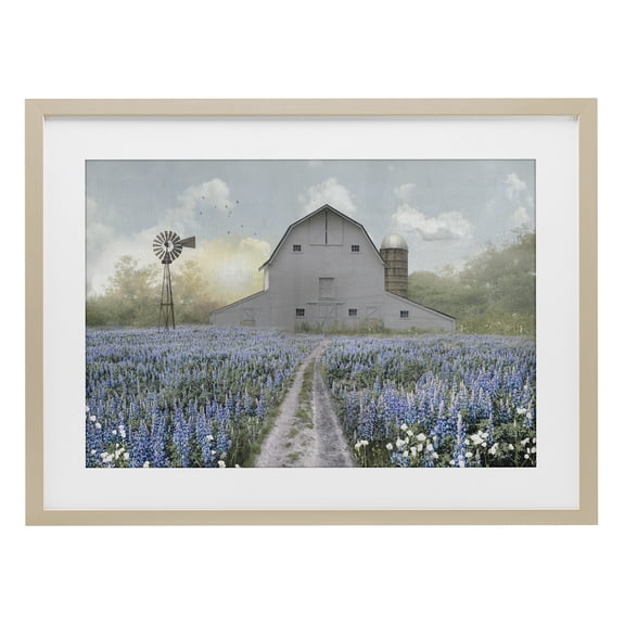 Stupell Industries French Country Meadow of Blue Flowers & Barn Birch Framed Print Under Glass, 20 x 14, by Nan