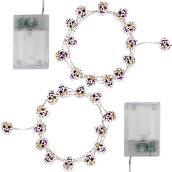 LumaBase Battery Operated LED White Fairy String Lights with Sugar Skull Motif - Set of 2
