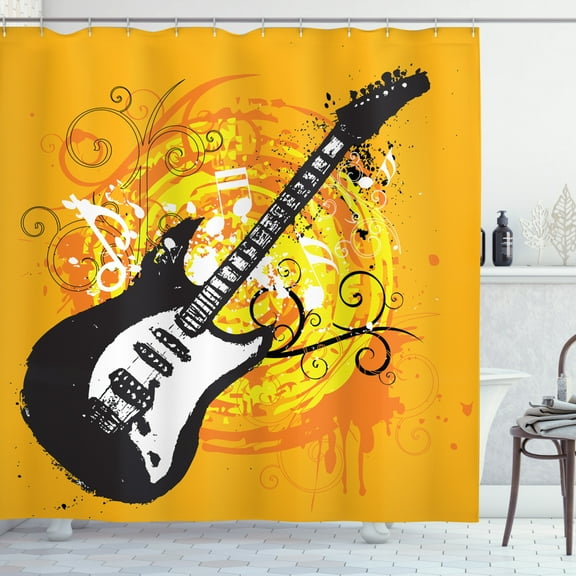 Guitar Shower Curtain, Summer Inspired Artwork of Circular Swirls Curls Painted by Hand, Fabric Bathroom Set with Hooks, 69W X 70L Inches, Orange White and Charcoal Grey, by Ambesonne