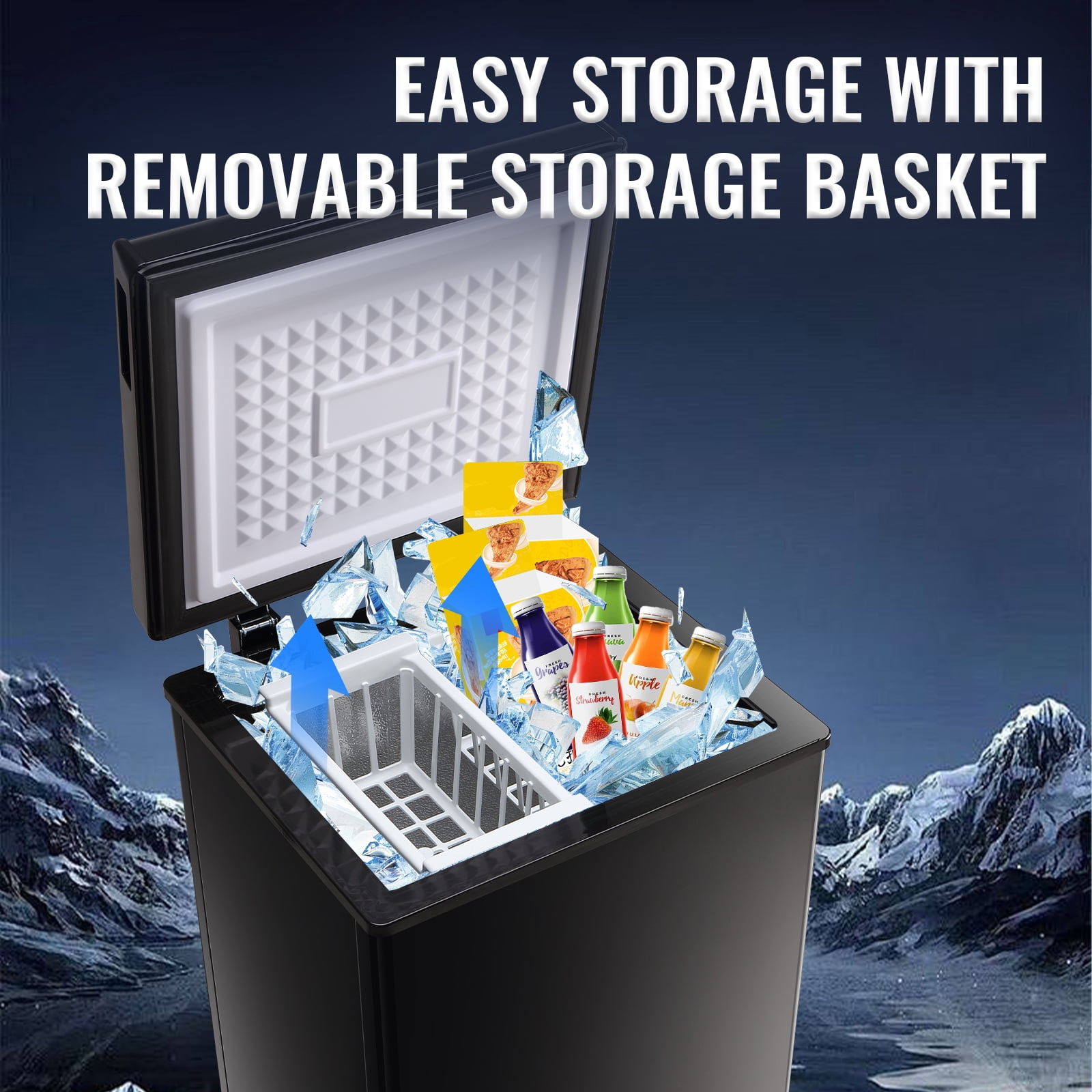 JIEJIA Compact Freezer 2.4 cu ft Environmental Chest Freezer, Mini Freezer with 7 Gear Adjustable Temperature, Removable Storage Basket, Energy Saving, Black
