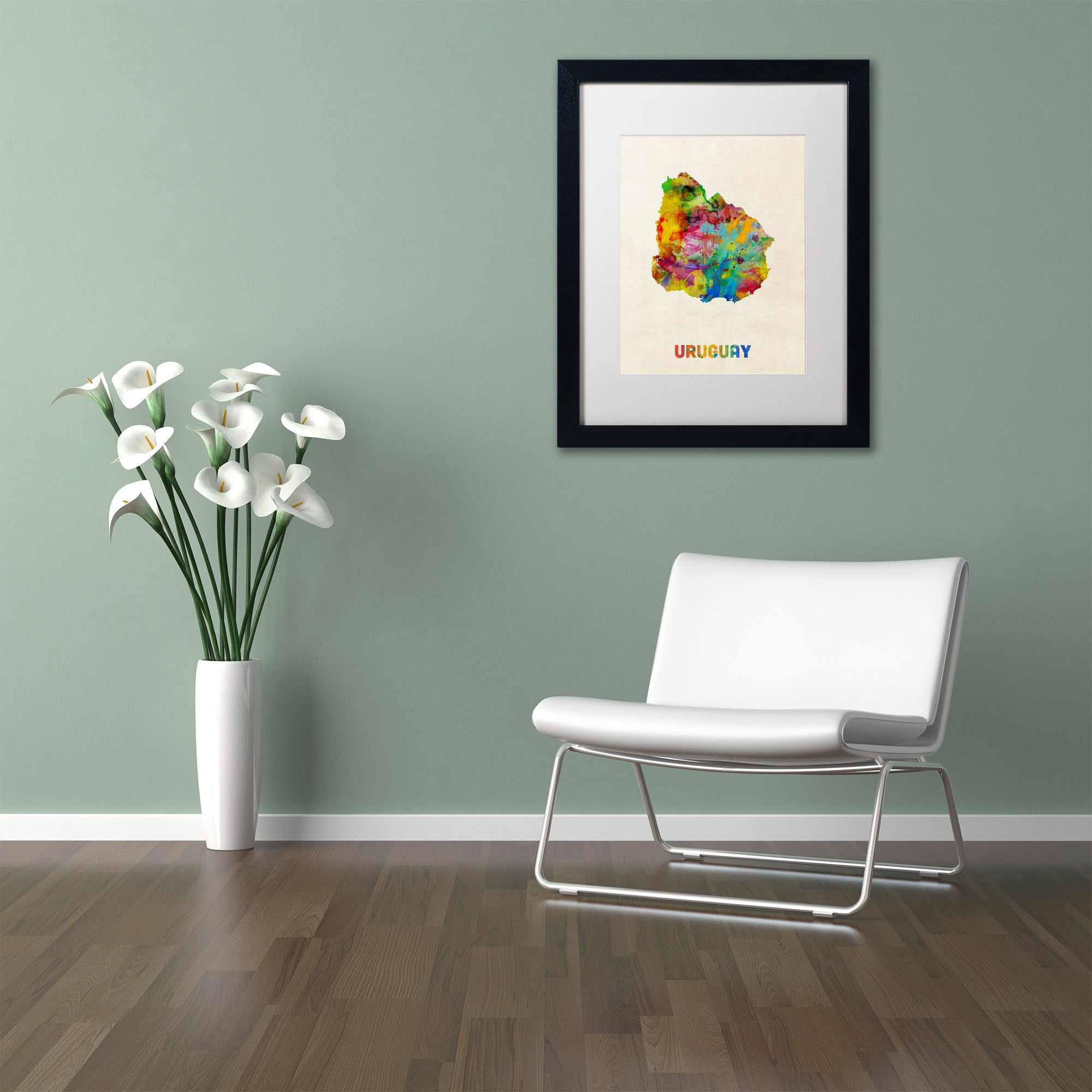 Trademark Fine Art "Uruguay Watercolor Map" Canvas Art by Michael Tompsett White Matte, Black Frame