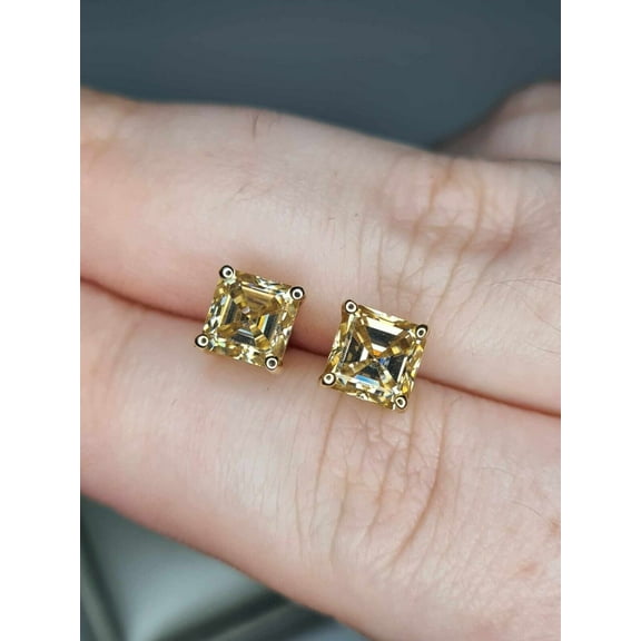 3Ct Asscher Cut Solitaire Yellow Citrine Stud Earrings 14K White Gold Finish Silver