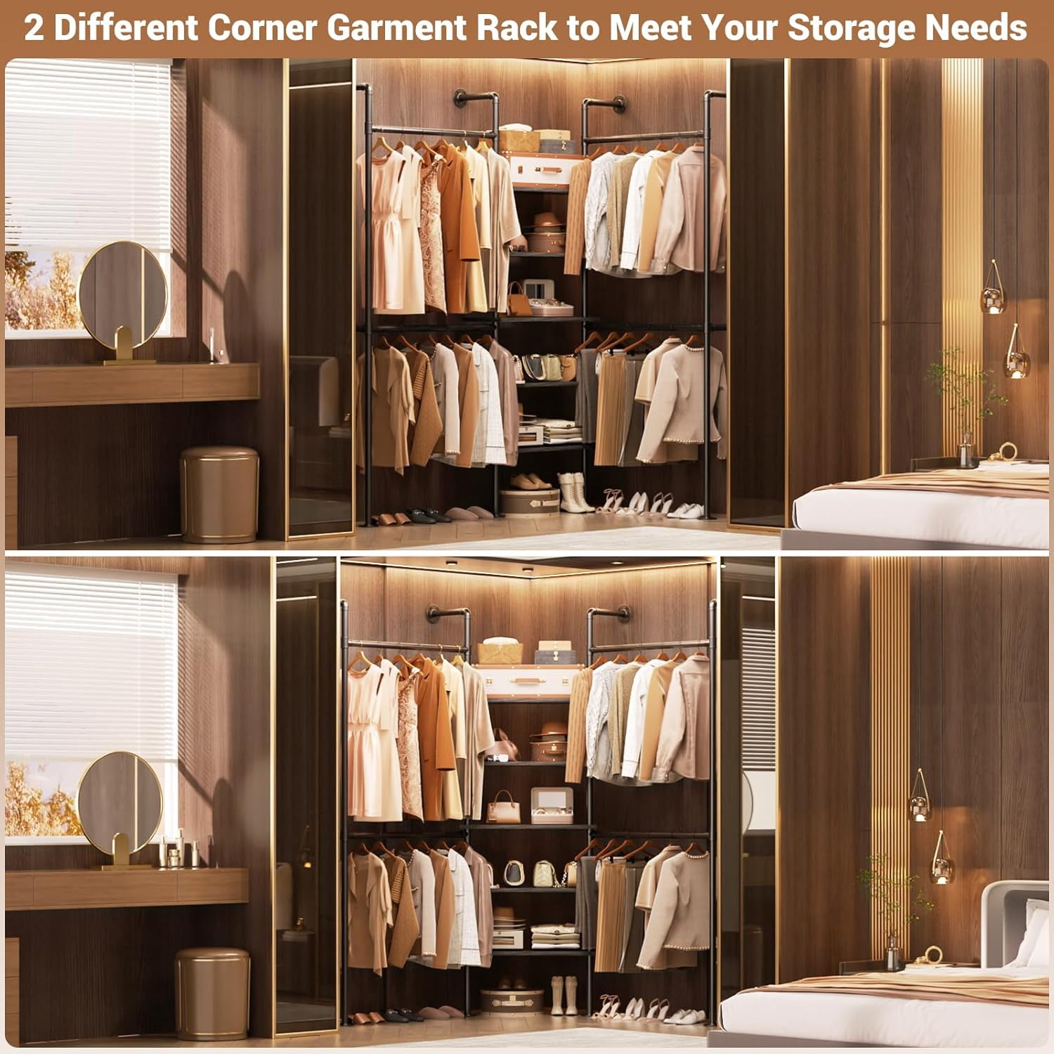 Homieasy 77‘’ Closet System, Industrial Pipe Clothing Rack, Black Oak