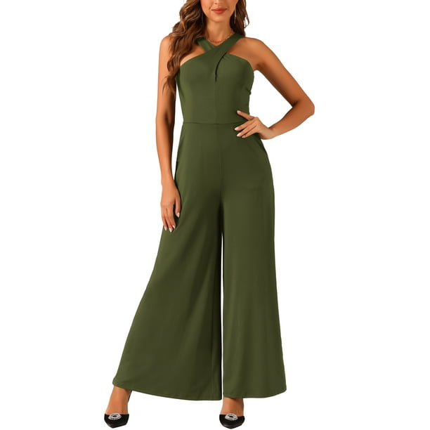 INSPIRAR CHIC Mono de Cuello Cruzado para Mujeres, Pantalón Ancho Sin Mangas, Mono de Largo Completo en Verde Militar
