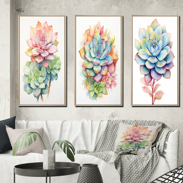Designart "Tender Retro Pink Blossoming Succulent I" Succulent Framed Wall Art Set Of 3 - Pink Traditional Frame Gallery Set For Office Decor