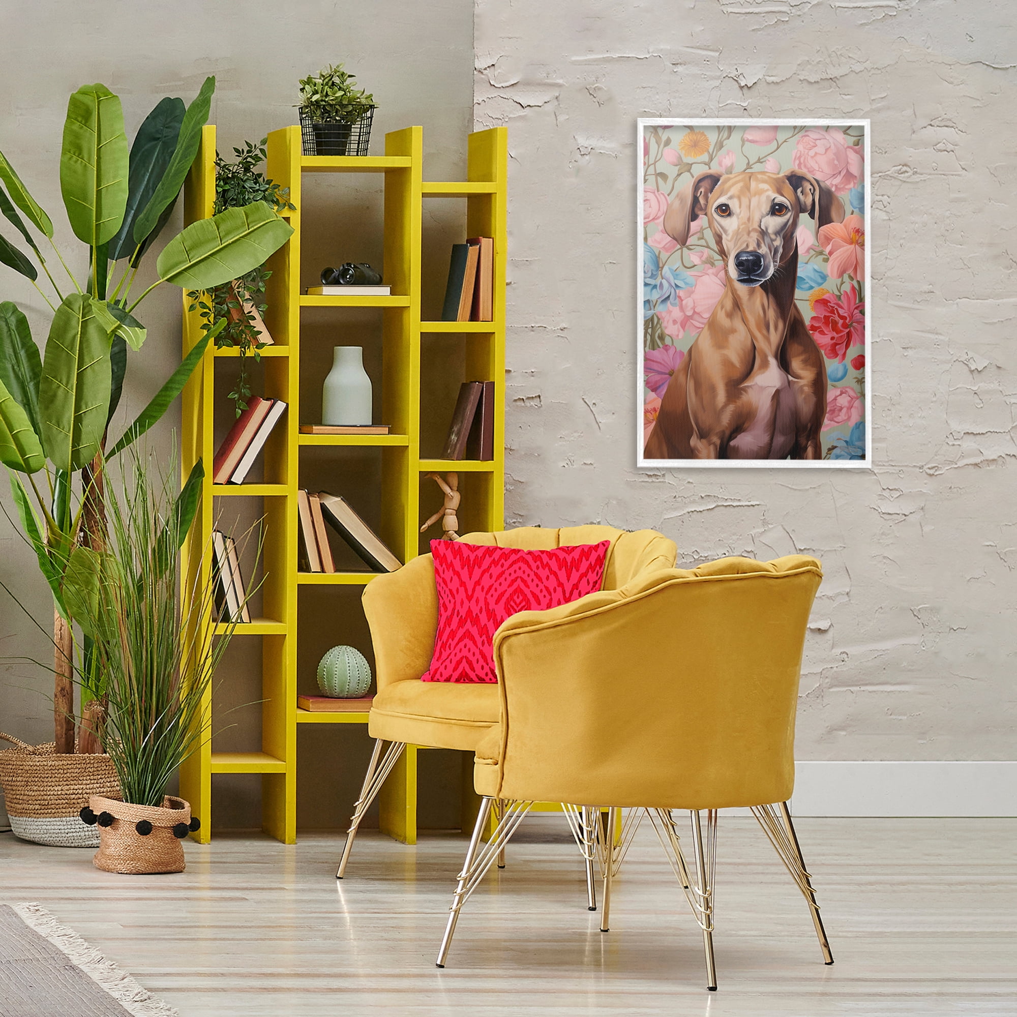 Stupell Industries Greyhound on Florals Animals & Insects Painting White Framed Art Print Wall Art, 20 x 30