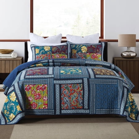 NEWLAKE 3-Piece Floral Cotton Patchwork Quilt Set Decor Quilt Set with Pillow Shams (King, Blue)