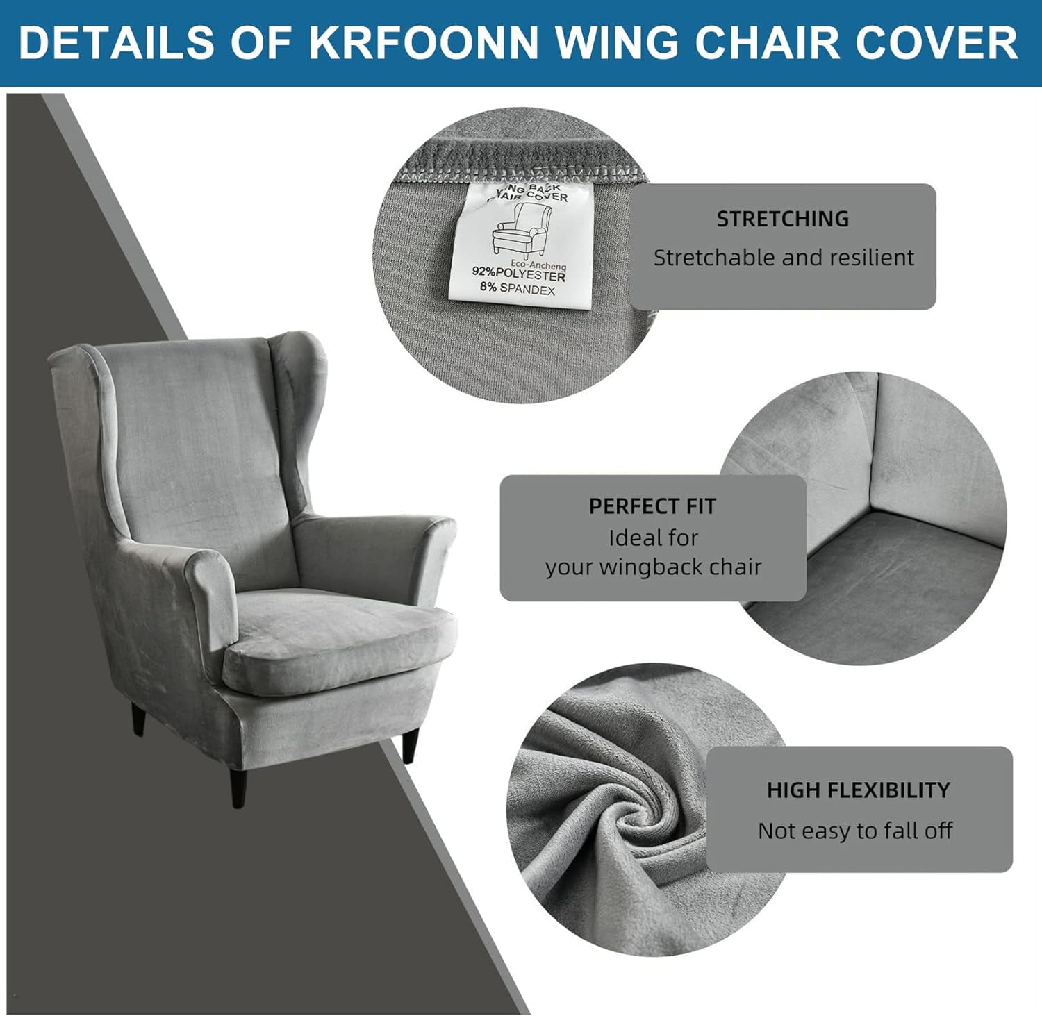 CHUNTIAN Wingback Chair Covers Slipcovers 2 Piece Stretch Wing Chair Covers Spandex Slipcovers Wingback Sofa Covers Armchair Covers Non-Slip Furniture Protector for Living Room Wingback Chairs, A13