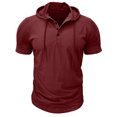 thumbnail image 2 of Kalauyu Mens Hooded Henley Short Sleeve Cotton Blend Pullover Shirts Drawstring Hood with Button Up Casual Solid Color Summer Workout Tees, 2 of 7