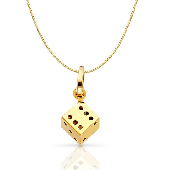 14K Yellow Gold Dice Charm Pendant with 0.5mm Box Chain Necklace