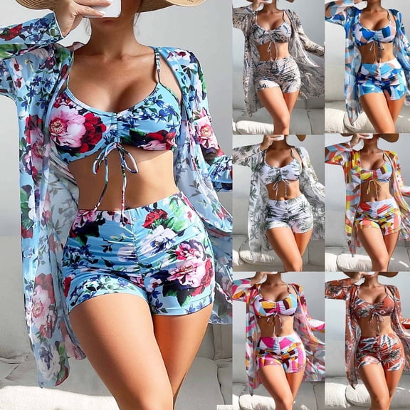 Tqyyweavej Women 3 Pieces Floral Swimsuit Sets Long Sleeve Loose Beach Cover Up Sexy Spaghetti Strap Drastring Swim Suit for Women