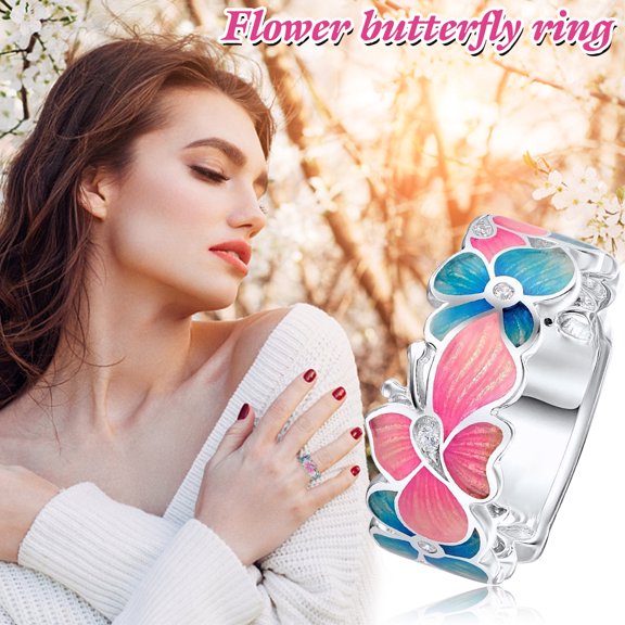 PONPRNGY Colorful Butterfly Flower Rings Alloy Silver Ring Jewelry Valentine's Day Gift for Women Men Size 10