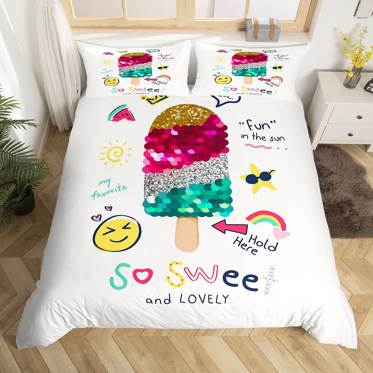 Sequined Ice Cream Duvet Cover Pink Green Sliver Golden Mermaid Scale