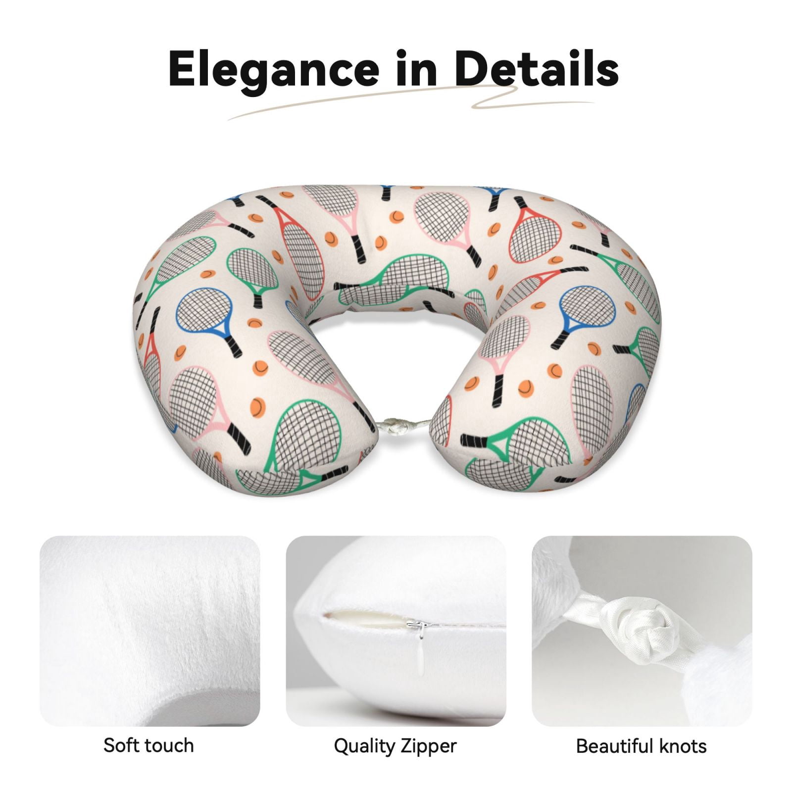 Xecao Cute Tennis Racket Print Memory Foam Cervical Neck Pillow Versatile U-Shaped Pillows for Home,Office,Camping,Travelling,Soft Washable Cover