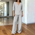 thumbnail image 4 of sdhkgrrt Women's Plus Size 2 Piece Pajama Outfit Striped V Neck 3/4 Sleeve Blouse Wide Leg Pants Casual Boho Lounge Set Loose Matching Travel Daily Tracksuits, White 3XL, 4 of 6
