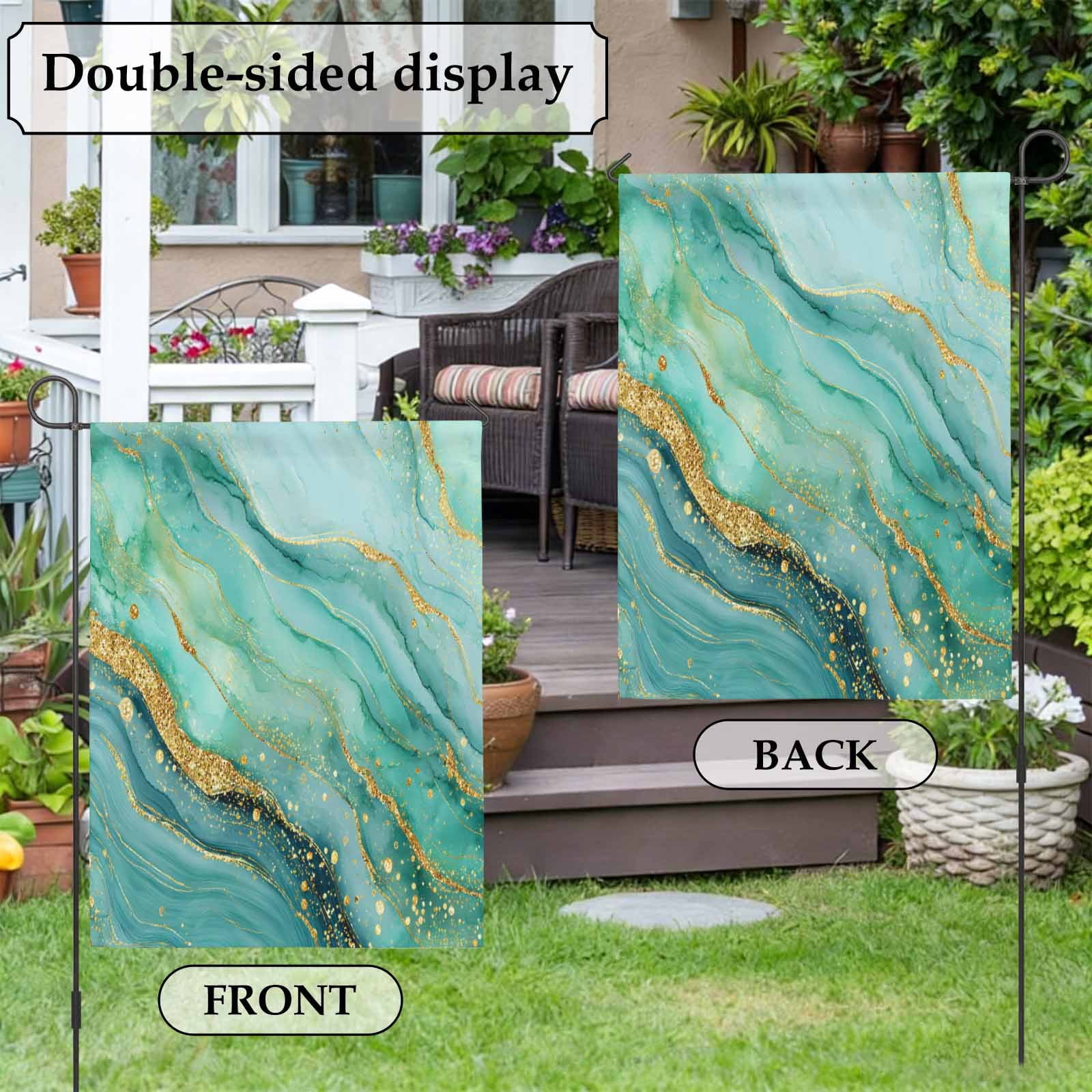 Turquoise Marble House Flag 28 x 40 Inches, Luxurious Abstract Teal Gold Water Ripples Weather Proof Outdoor Patio Flags Double Sided Small House Decoration for Yard Lawn Outside Home