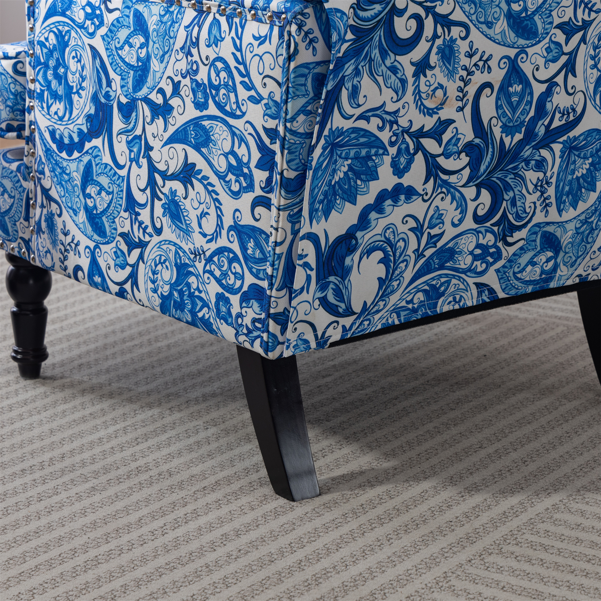 Aukfa Accent Chair Mid-Century Modern High Back Armchair Lounge for Living Room, Rivet Trim, Blue-and-White Porcelain Pattern