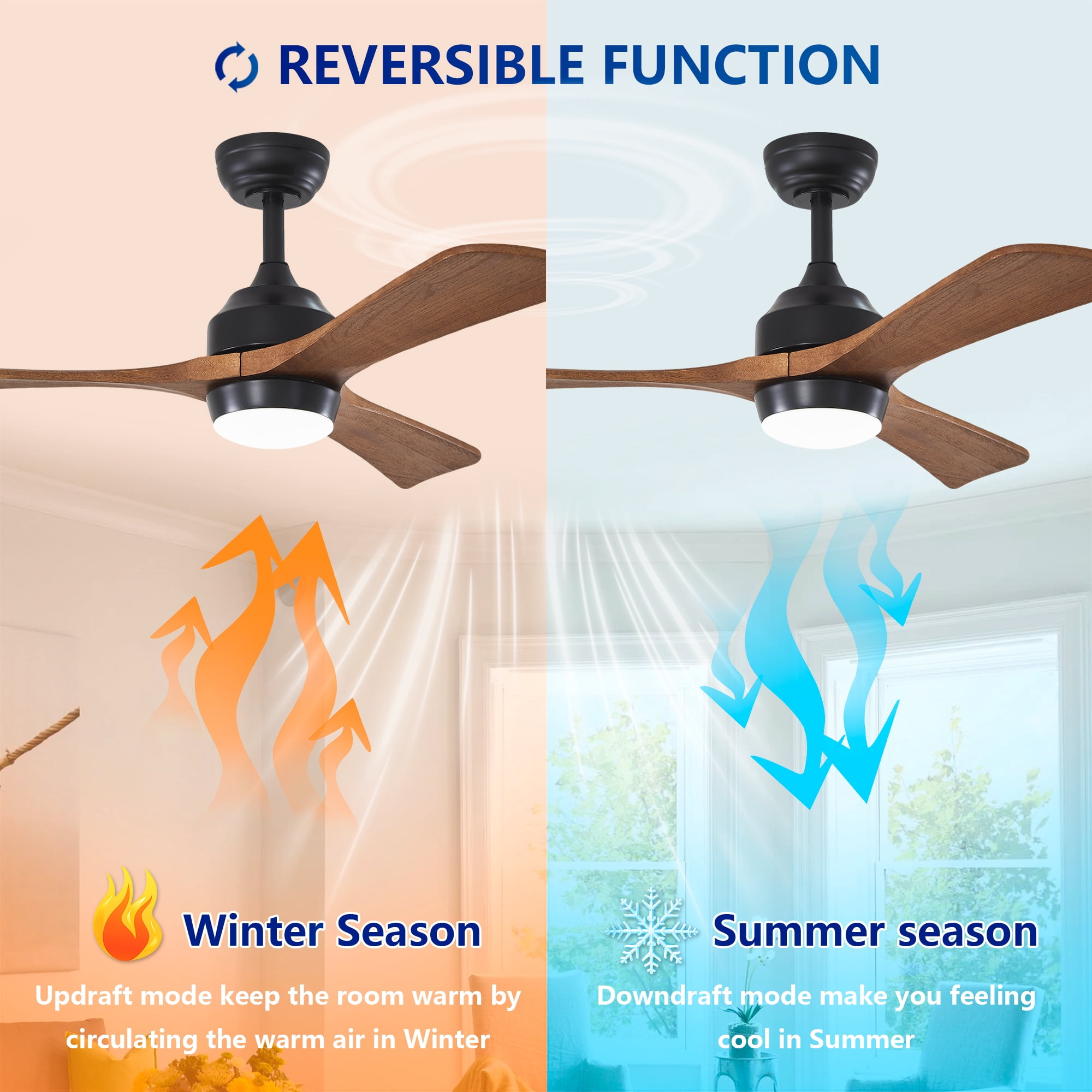 Leumius 42" Solid Wood Blades Ceiling Fan with Light and Remote Control,Quiet DC Motor 3 Blade Ceiling Fans 6 Speed Levels,Reversible for Patio Living Room Bedroom Office Black