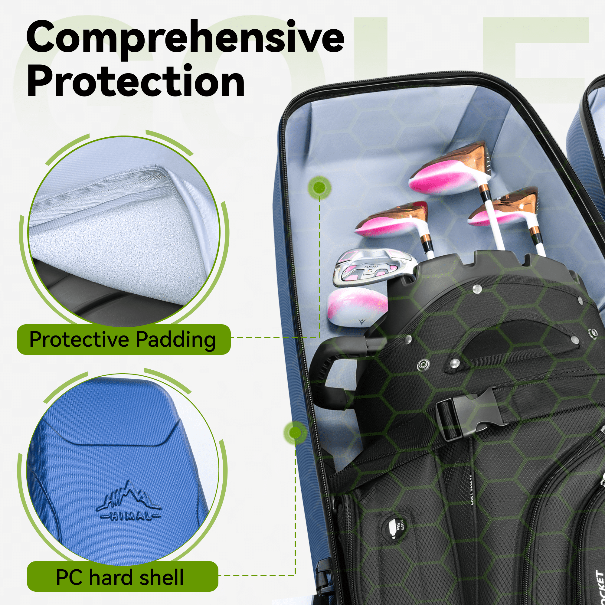 Golf Travel Bag Hard Case- 4 Multi-Directional Wheels for Airline, Lightweight & Durable PC Hard Shell for Protect Golf Bag and Clubs (14.9x14.1x54.1in)