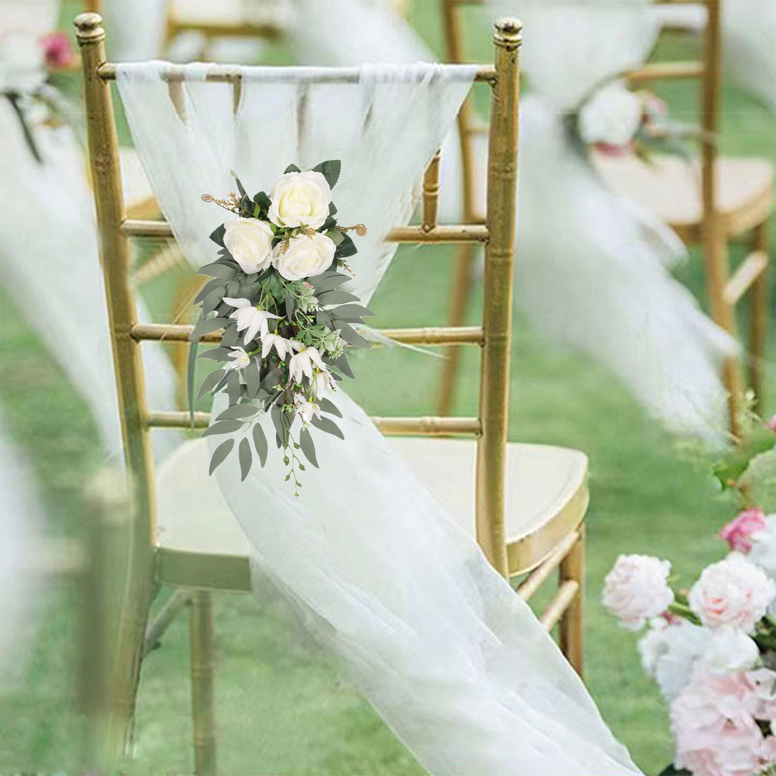 Specollect Clearance 3Pcs Wedding Aisle Decorations Pew Flowers for Wedding Ceremony Party Chair Decor with Artificial Flowers Eucalyptus and Ribbons