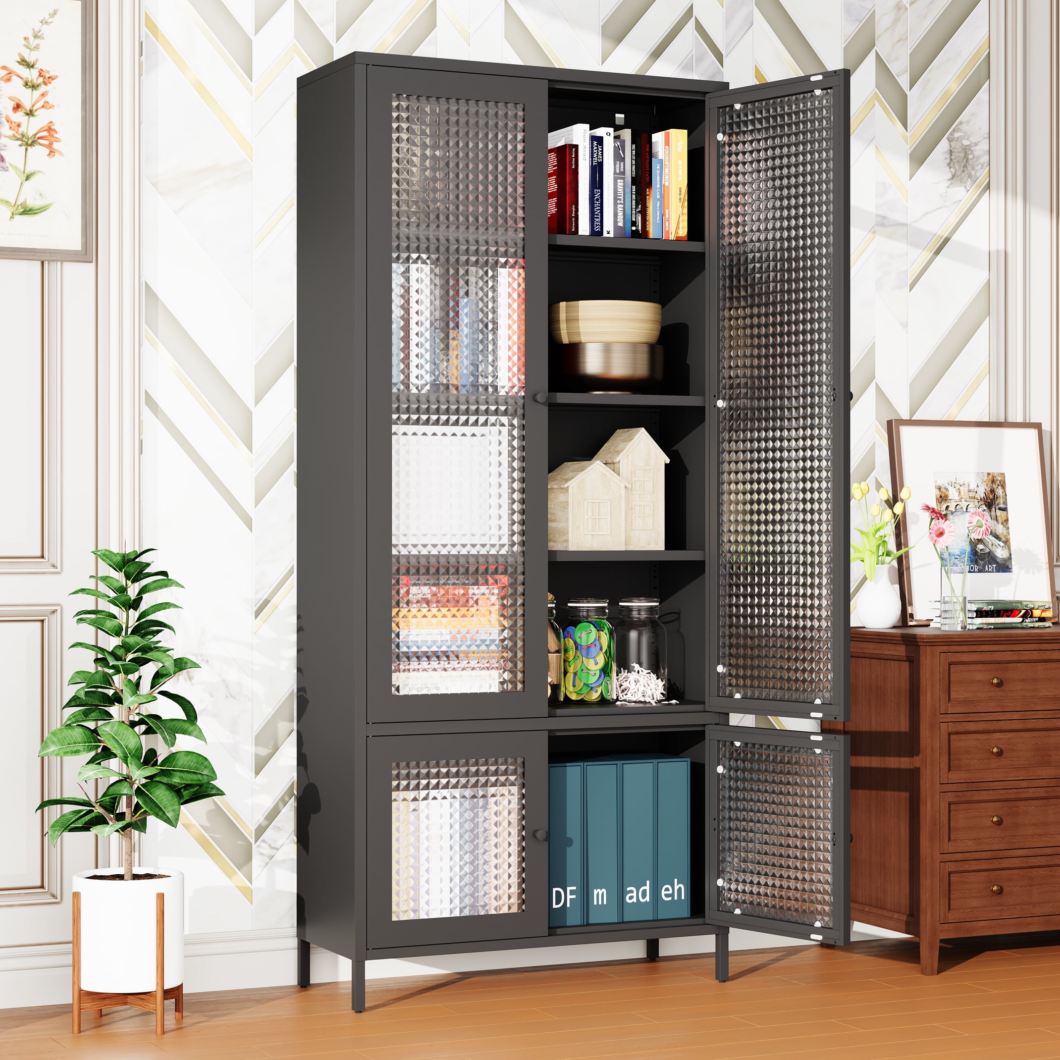 Large Metal Storage Cabinet Display Cabinet with 4 Glass Doors 5 Shelves Side Cabinet Bookcase Freestanding Cabinet for Bedroom Living Room Pantry Home Office - Black, Waffle