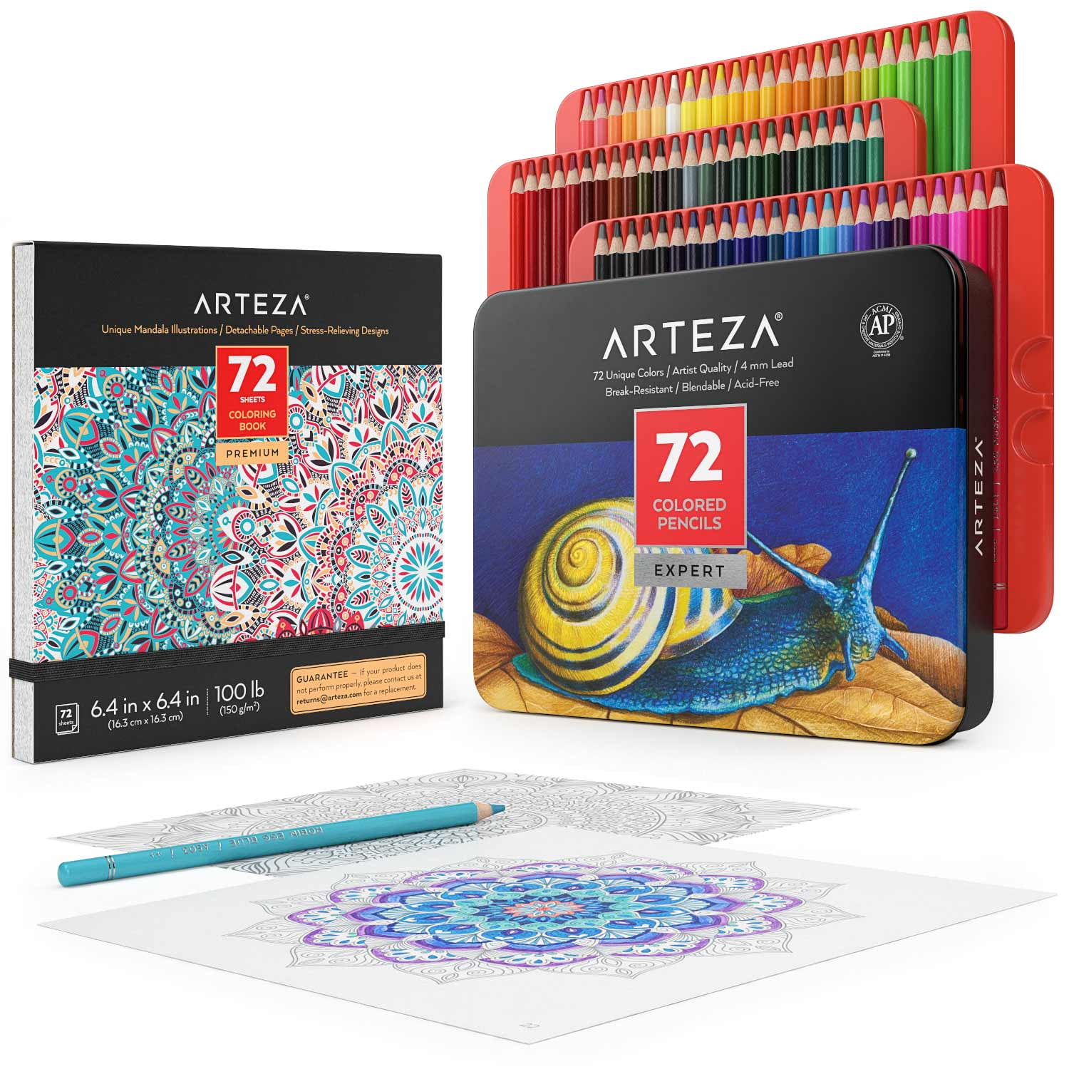 Arteza Adult Mandala Coloring Art Set, Colored Pencils 72 and Animal Coloring Book for Adults Kids Artists