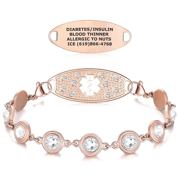 Divoti Medical Alert Bracelets for Women, Custom Engraved Brilliance Medical ID Bracelet — PVD Rose Gold/White / 6.25"
