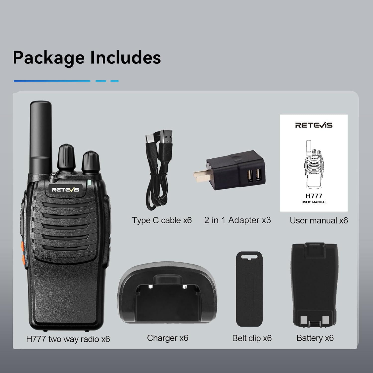 H-777 Walkie Talkies for Adults Long Range Hand Free Handheld Rechargeable Two Way Radio Business 2 Way Radios with Charger (6 Pack)