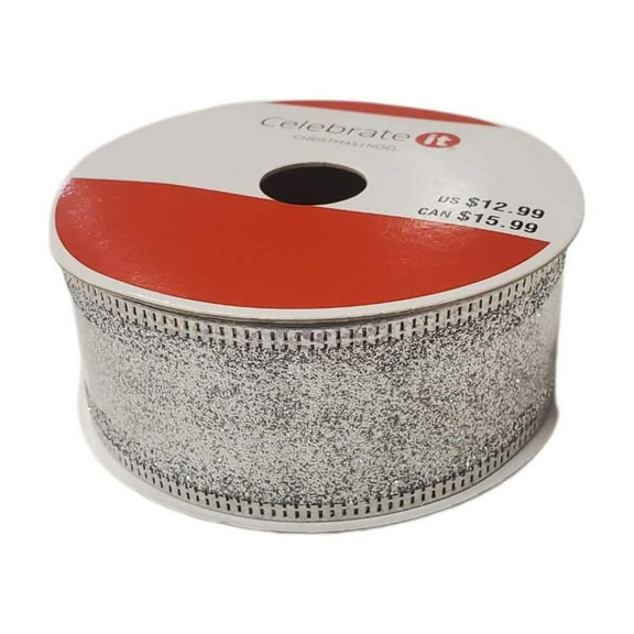 CELEBRATE IT Wired Ribbon Silver GLITTER 1.5IN X 30FT
