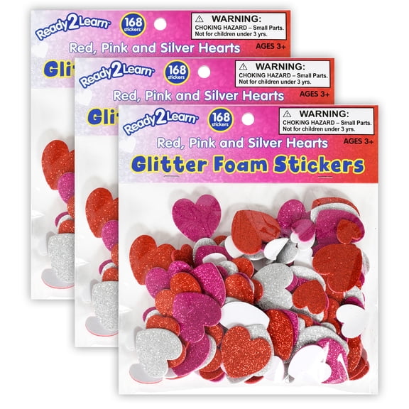 READY 2 LEARN Glitter Foam Stickers - Hearts - Red, Pink and Silver - 168 Per Pack - 3 Packs