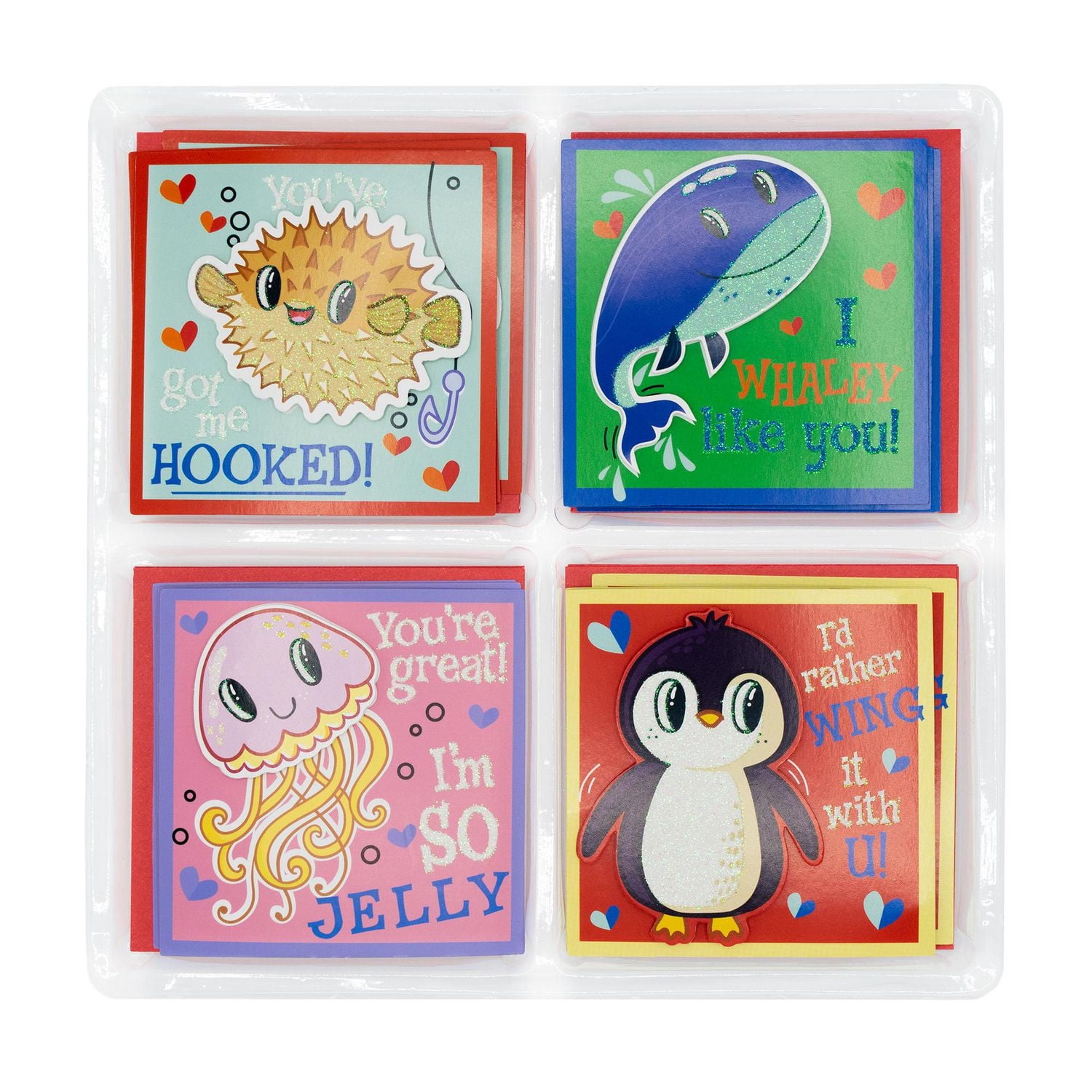 Assortiment de cartes pour enfants de la Saint-Valentin, 12 unités avec enveloppes (poisson-globe, baleine, méduse, manchot)