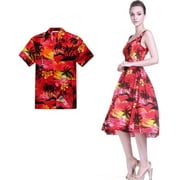Couple Matching Hawaiian Luau Aloha Shirt Elastic Tank Dress in Sunset Red