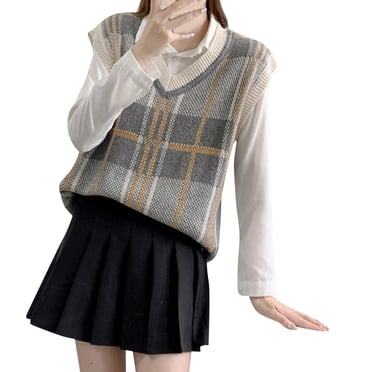 ZYXTIM Sweater Vest For Women Sleeveless V Neck Solid Loose Knitwear Tank Tops Argyle Plaid Preppy Style Pullover Sweater Black At Women's Clothing Store