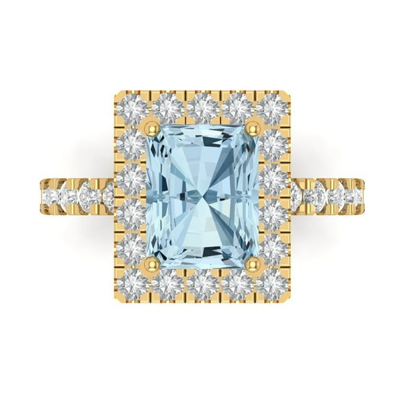 3.84ct emerald cut natural sky blue topaz 18k yellow gold engraving statement Bridal Wedding halo Designer Ring size 5